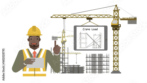 Construction worker pointing at tablet with crane load diagram on construction site with cranes present