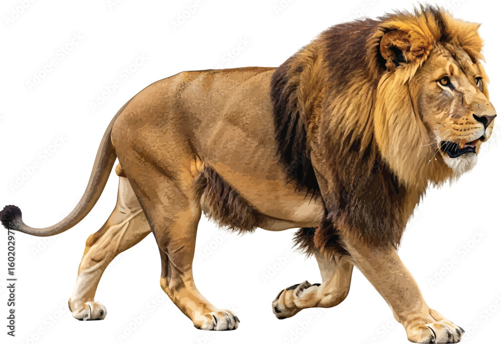 Fototapeta premium A majestic lion with a full mane walking powerfully against a stark white background in a studio shot