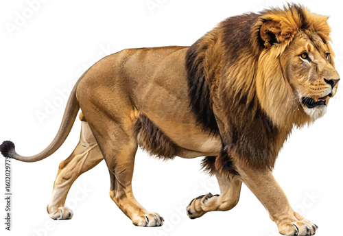 A majestic lion with a full mane walking powerfully against a stark white background in a studio shot