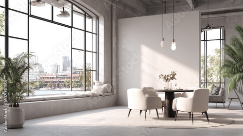 Modern loft dining room with city views