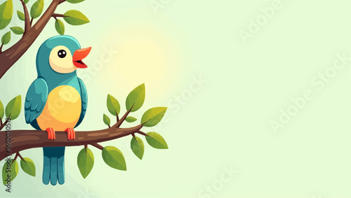 A colorful bird perches calmly on a tree branch, blending beautifully with the morning sky.