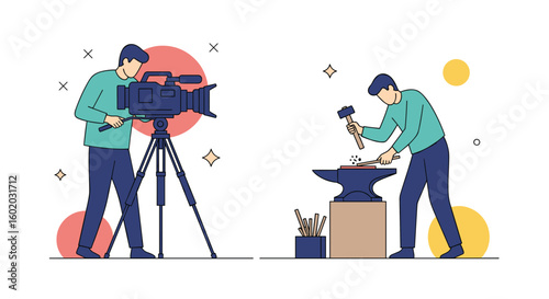 Two people creating content one is filming another is blacksmithing