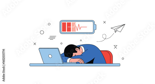 Exhausted businessman sleeping at desk next to laptop with low battery indicator overhead