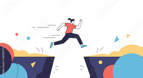 Woman jumping over a gap overcoming obstacles achieving goals and celebrating success