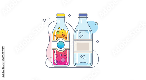 Refreshing beverage options featuring fruity drink and clear water in glass bottles