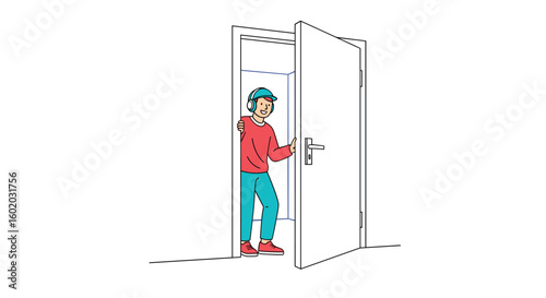 Young person enters open doorway wearing casual clothes and headphones