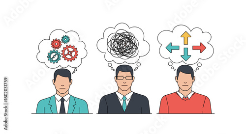 Businessmen with different thoughts regarding challenges and solutions facing their company