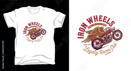 Iron wheels skull biker graphic vector art t-shirt design print