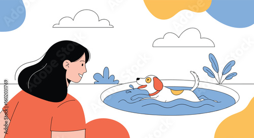Happy woman and her dog playing in a pool on a sunny day outdoors