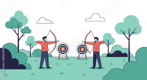 Two archers aiming at targets in a park with trees and sky background