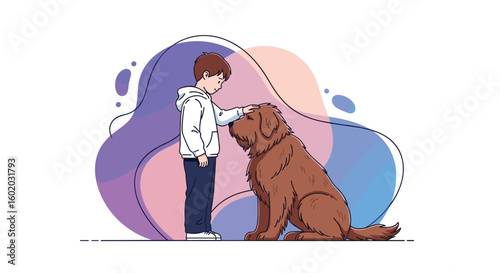 A young boy petting his large brown dog with soft abstract shapes in the background