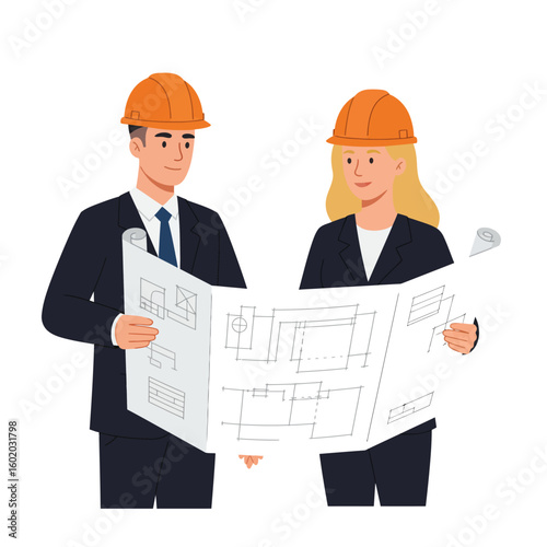 A male and female architect wearing orange hard hats are reviewing blueprints, collaborating on a construction project, showcasing teamwork and expertise in the field of engineering.