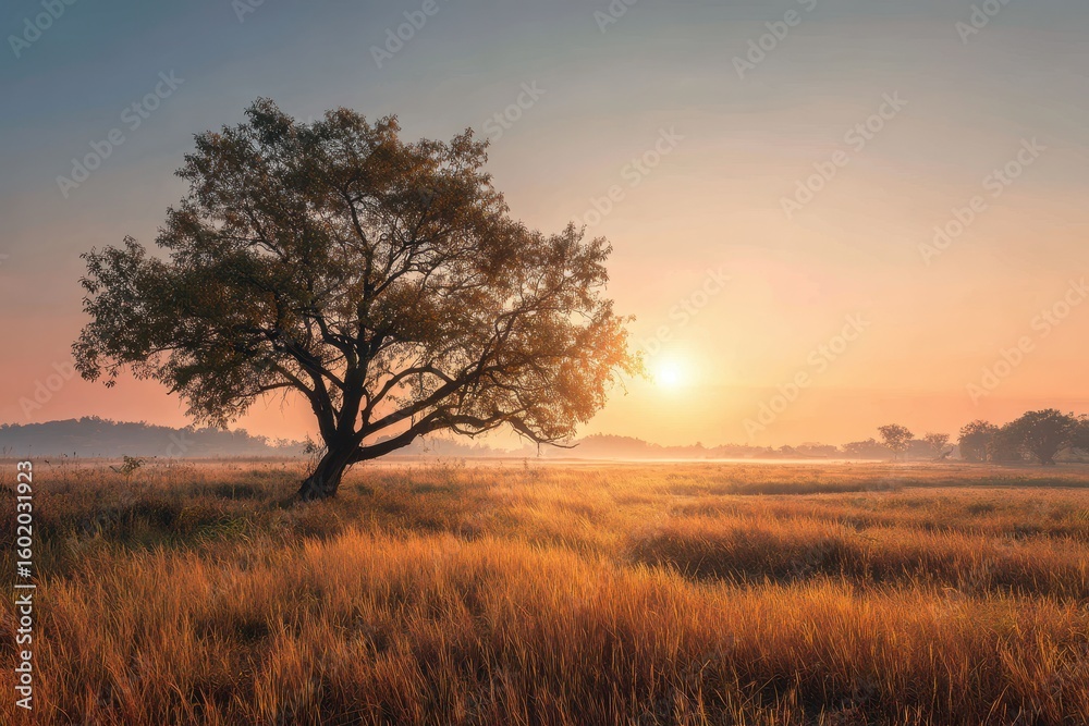 Sunlit summer field of dry grass with a large tree Sunlit summer field of dry grass with a large tree