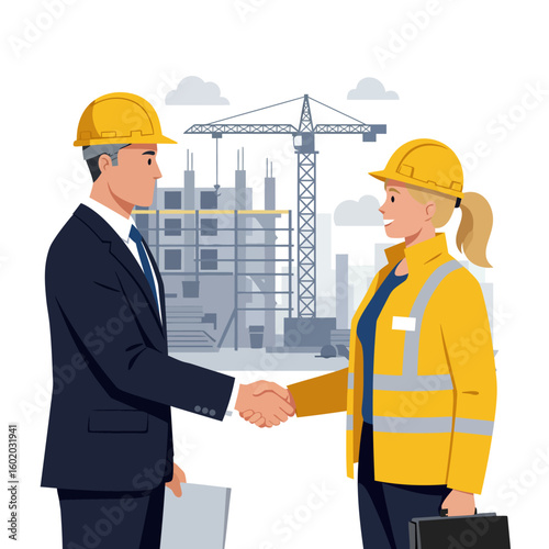 Two diverse professionals, a businessman and a female engineer, shake hands to finalize a successful partnership agreement at a bustling construction site.