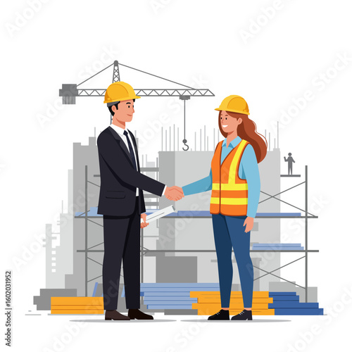 A male businessman and a female engineer in hard hats shake hands at a bustling construction site, symbolizing partnership and successful project completion.