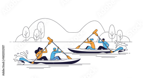 People paddling kayaks on a beautiful calm river with distant trees and mountains