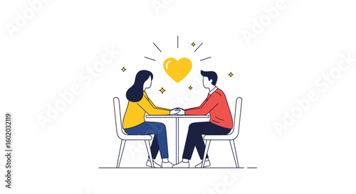 Couple holding hands during romantic date at table with heart above