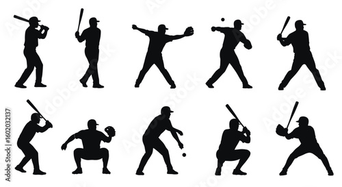 Baseball player silhouettes capturing various actions on the field