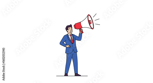 Man in blue suit and red tie announcing news through a megaphone