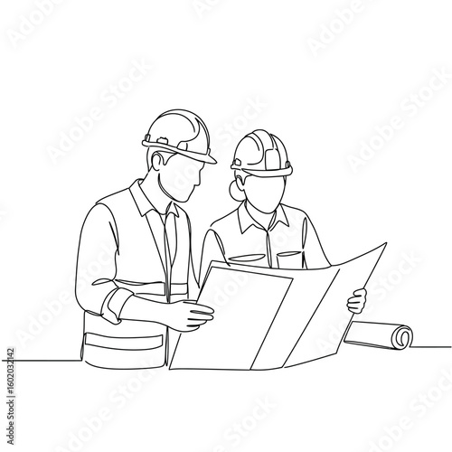 A minimalist continuous line drawing depicts two professional engineers wearing hard hats, intently examining architectural blueprints together.