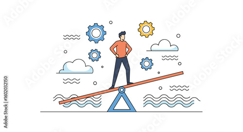 Man standing on seesaw with gears and clouds represents balance and control
