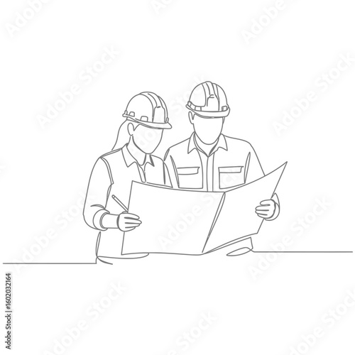 A continuous line drawing depicts two construction workers, a man and a woman, reviewing a blueprint while wearing hard hats, illustrating teamwork and project planning.