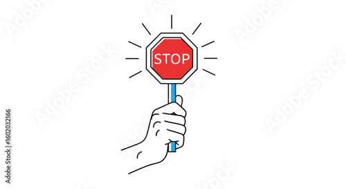 A hand holding up a stop sign with flashing lights for traffic control
