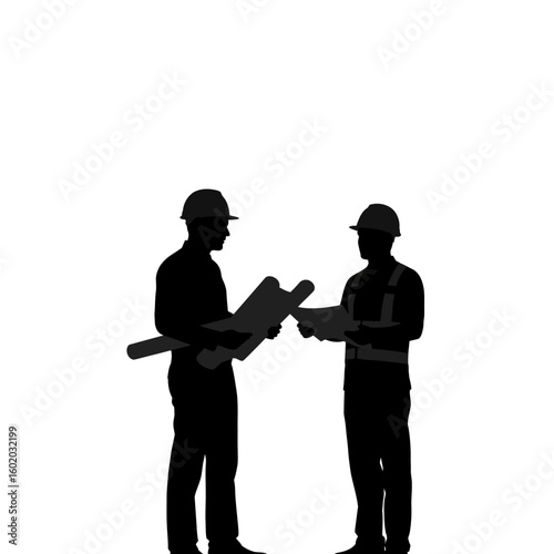 Two male construction workers in hard hats are silhouetted against a clean white background, discussing blueprints and plans for a project.