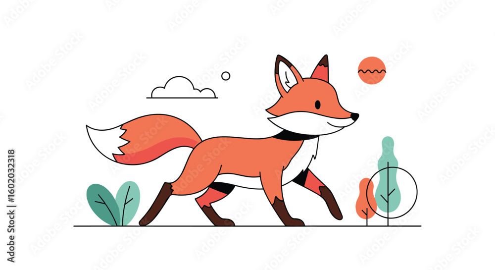 Obraz premium A playful fox walks through a whimsical forest scene illustration