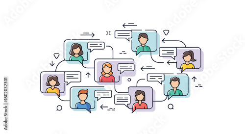 Illustrating digital communication channels connecting diverse individuals in virtual environments