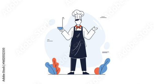A cheerful chef standing proudly with a bowl and ladle ready to serve delicious food