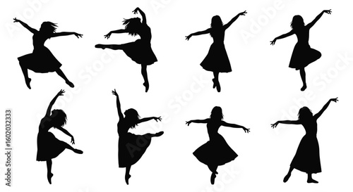 Graceful silhouettes of ballet dancers in various poses of movement