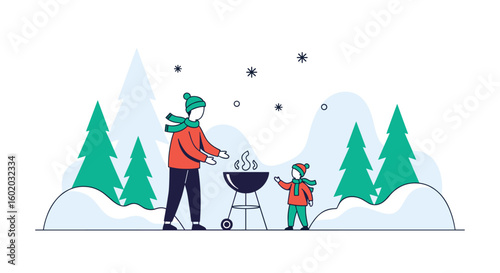 Family enjoying a winter barbecue in a snowy forest with pine trees and snowflakes
