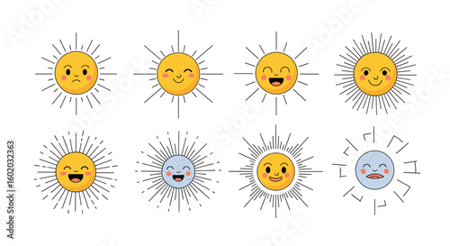 Collection of cartoon sun faces expressing various emotions and celestial elements