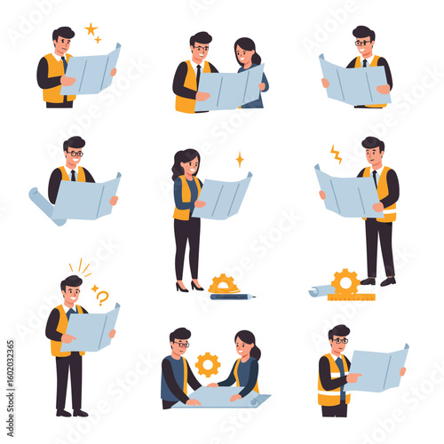 A collection of diverse cartoon engineers and architects in safety vests meticulously reviewing building blueprints and collaborating on construction plans, isolated on white.