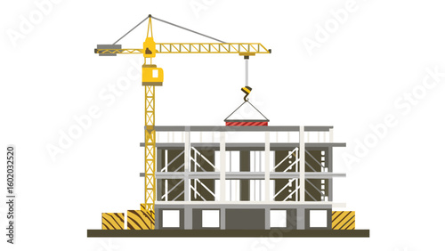 Illustration of a construction site with a crane lifting a precast concrete slab onto a building