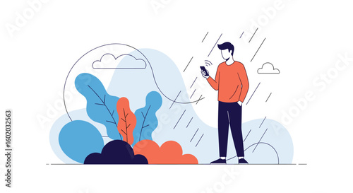 Man using smartphone outdoors during rainfall while enjoying nature