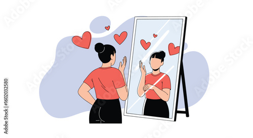 A woman admiring her reflection in the mirror feeling loved and confident