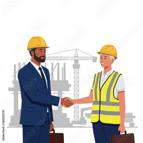 Two construction professionals, a businessman and a worker, shake hands in agreement at a building site with a crane.