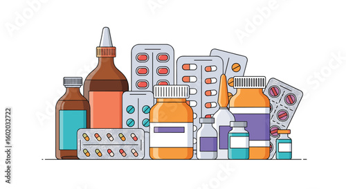 Collection of various medical medications bottles and blister packs of pills illustration