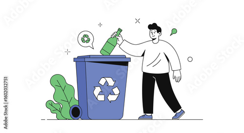 Person placing glass bottle into recycling bin for waste management and environmental protection