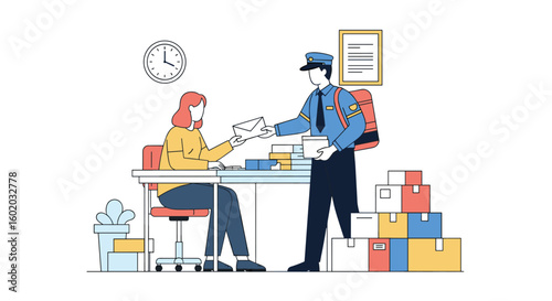 Postal worker delivering a letter to a woman at her desk with packages stacked nearby