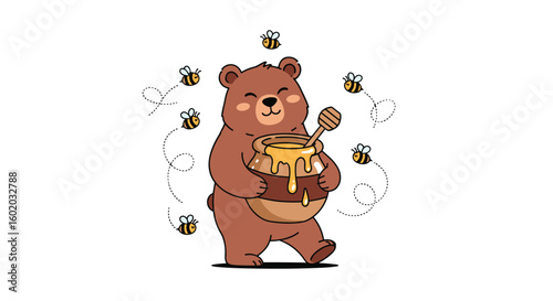 Adorable cartoon bear happily holding a pot of dripping honey surrounded by buzzing bees