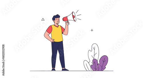 Man holding megaphone announcing news to a crowd for public relations and information dissemination