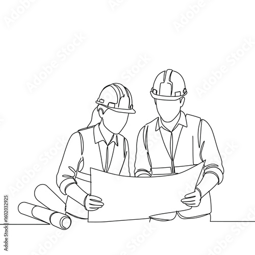 Two architects, a woman and a man, wearing hardhats, collaborate reviewing blueprints, showcasing teamwork and construction planning in a single-line illustration style.