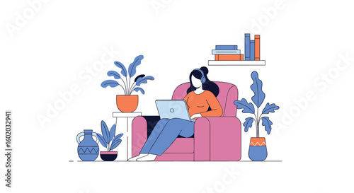 Person relaxing at home using laptop and headphones surrounded by indoor plants