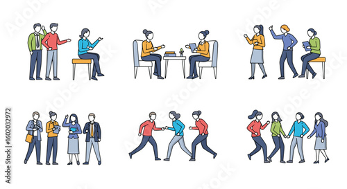 Visual representation of diverse human interactions and social engagements across various settings