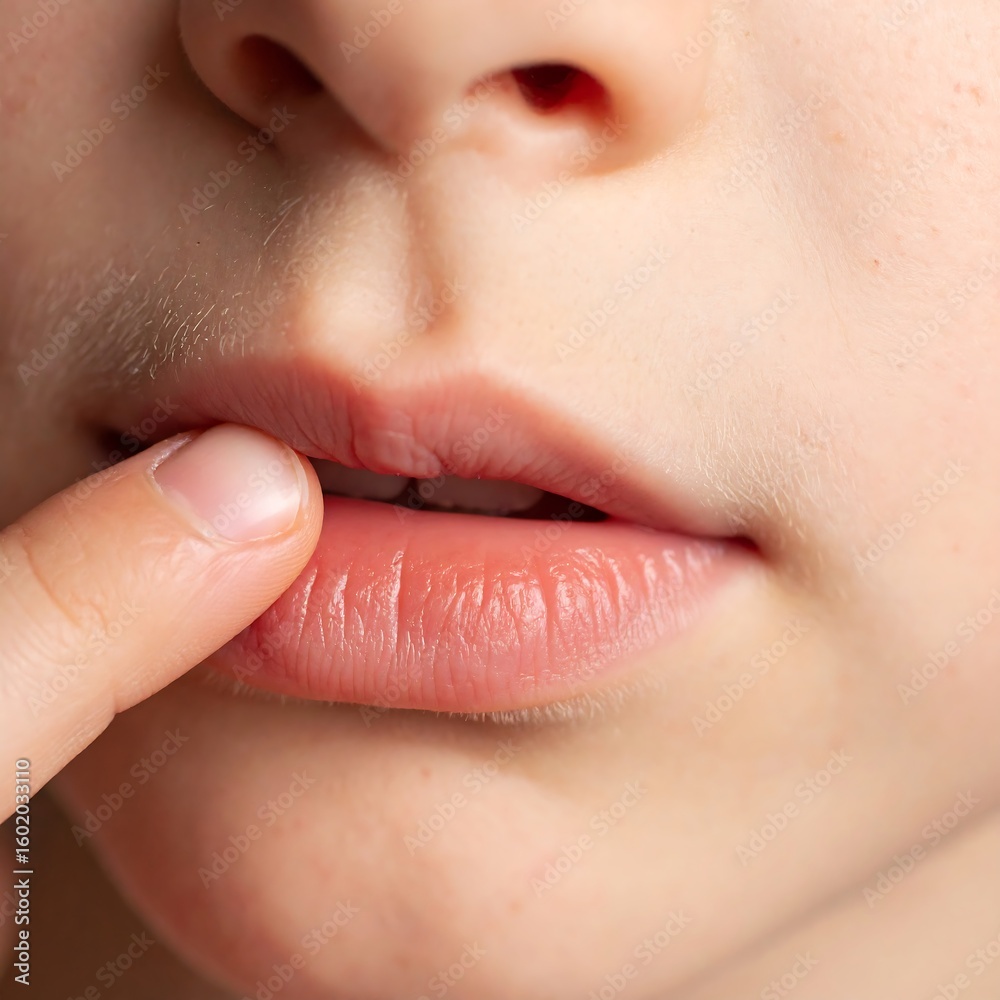 Fototapeta premium Closeup of child's lips and finger