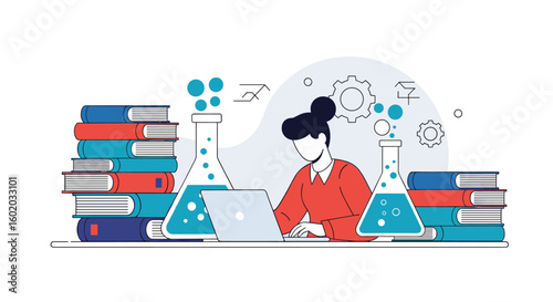 Young woman conducting scientific experiment using laptop computer surrounded by books and laboratory equipment
