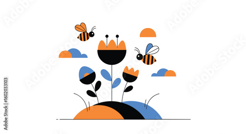 Two bees visiting flowers in a meadow under cloudy skies on a sunny day
